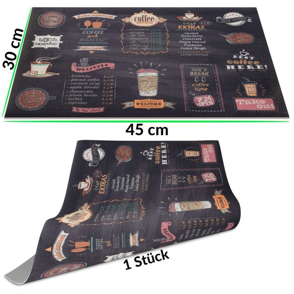 Tischset mit Kaffee-Motiv im Menü-Design, 30 mal 45 Zentimeter, ein Stück.