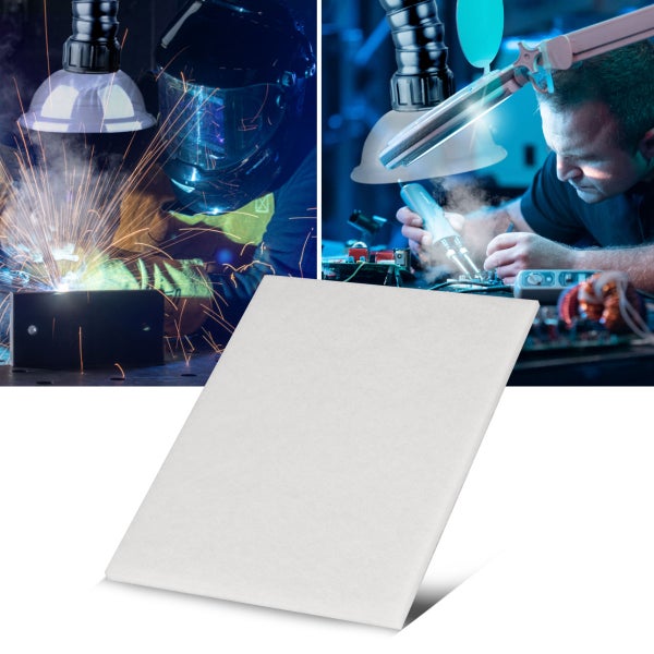 Weißer rechteckiger Filter für Absauganlagen, abgebildet mit Anwendungsbeispielen beim Schweißen und Löten mit Rauchabsaugung.