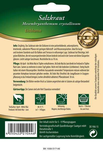 Rückseite einer Samenpackung für Salzkraut Eisblume mit Anleitungen zu Aussaat, Pflege, Verwendung und Ernte sowie einer Umtauschgarantie.