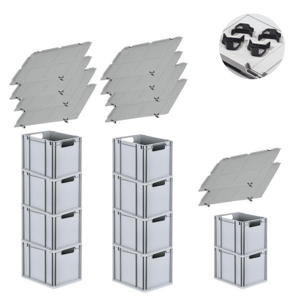 PROREGAL Spar Set 10x Eurobox Nextgen Economy Mit Auflagedeckel & 4x Schiebeschnappverschlüsse Schwarz Griffe Offen HxBxT 32 x 30 x 40 cm 30 Liter