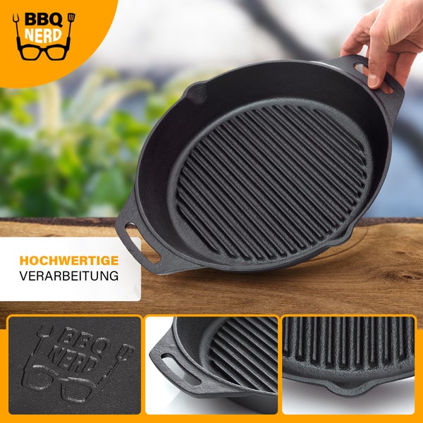 BBQ Nerd Gusseisenpfanne zum Grillen - mit Rillenboden für ein schönes Grillmuster | Steakpfanne Ø 30 cm 3200g mit Ausgießer und Henkel | Antihaft-Pfanne Feuerpfanne Outdoor-Pfanne