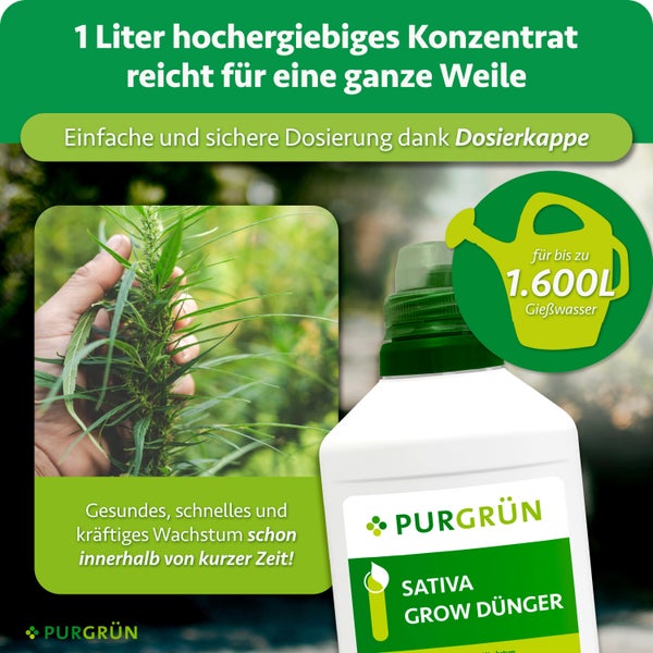 Eine Flasche Purgrün Sativa Grow Dünger für bis zu 1600 Liter Gießwasser, ideal für gesundes Wachstum von Cannabispflanzen.