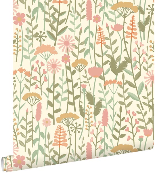 ESTAhome Tapete Feldblumen Hellgrün und Rosa - 50 x 900 cm - 131549
