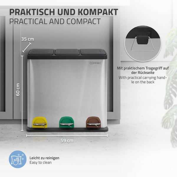 ML-Design Mülleimer Küche 3x 20L (60L), Silber, Mülltrennsystem 3 Fächer, Treteimer zur Mülltrennung, Abfalleimer aus Edelstahl mit Inneneimer aus Kunststoff & Klappdeckel, farblicher Kennzeichnung