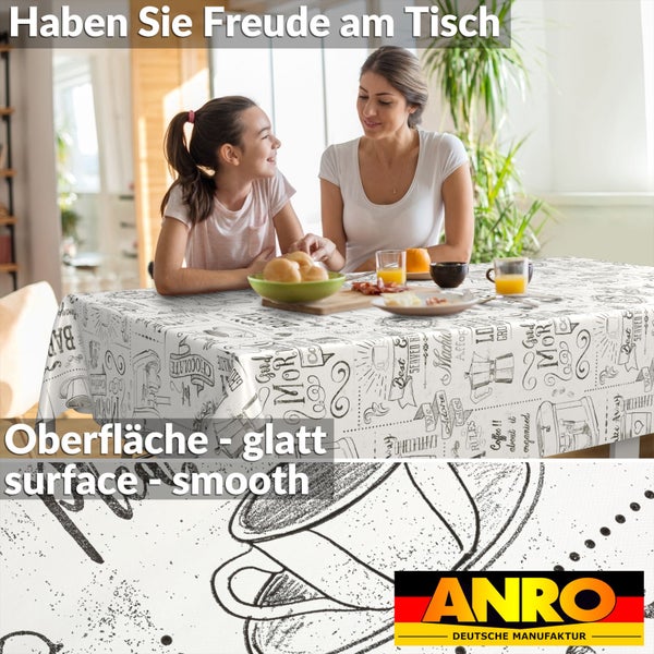 Wachstuch-Tischdecke mit Kaffee-Motiven in einem hellen Esszimmer mit Frau und Kind, Detailansicht der glatten Oberfläche und ANRO Logo.
