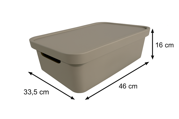 Aufbewahrungsbox aus Kunststoff mit Deckel und den Maßen 46 cm x 33,5 cm x 16 cm