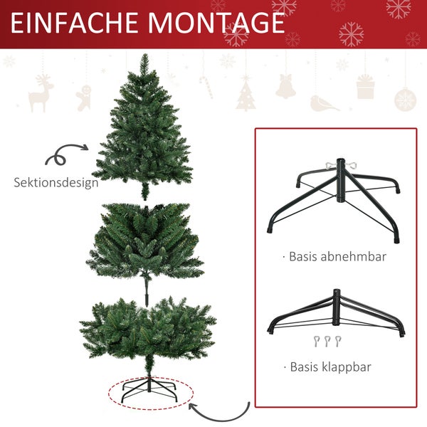 Illustration zur einfachen Montage eines künstlichen Weihnachtsbaums in Sektionsbauweise mit klappbarem und abnehmbarem Metallständer.