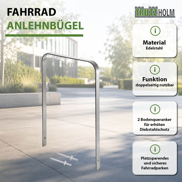 Trutzholm Fahrradanlehnbügel aus Edelstahl mit zwei Bodenquerankern für beidseitiges, sicheres Parken von Fahrrädern.