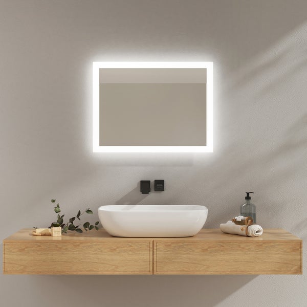 EMKE Badspiegel mit Beleuchtung, 60x45cm, Kaltweißes/Warmweißes Licht, Knopfschalter, Beschlagfrei