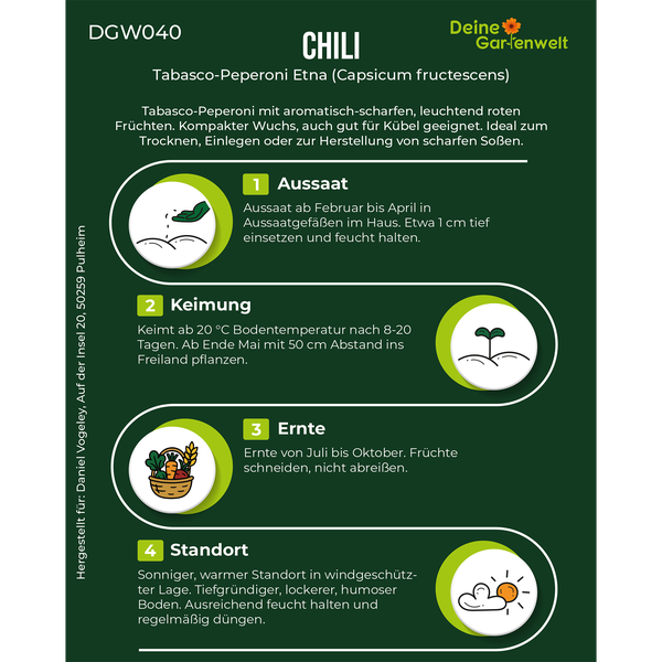 Infografik für Chili Tabasco-Peperoni Etna mit Hinweisen zu Aussaat, Keimung, Ernte und Standort. Deine Gartenwelt Logo.