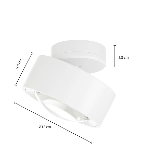 Weißer Deckenstrahler mit Maßen: Durchmesser 12 Zentimeter, Höhe 4,9 Zentimeter, Sockelhöhe 1,8 Zentimeter.