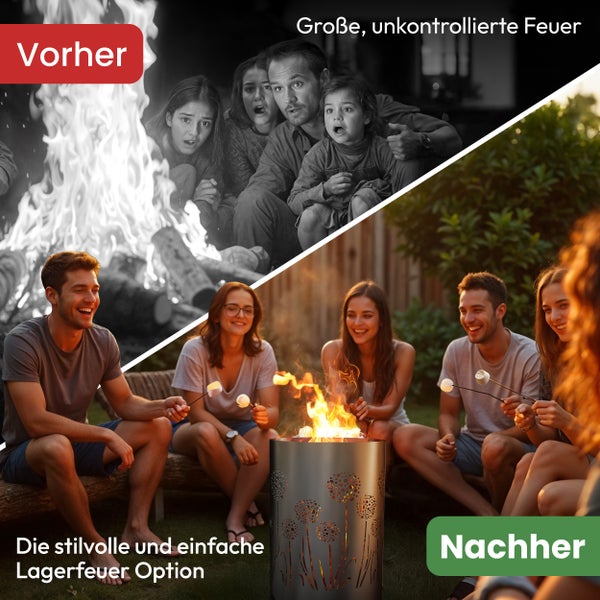 Vorher nachher Vergleich: Ungesichertes Feuer vs. Feuerstelle mit Marshmallow röstenden Personen.