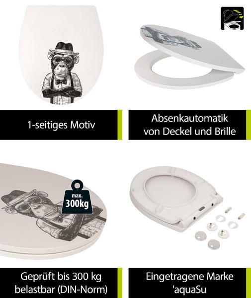 aquaSu® WC-Sitz mit Absenkautomatik, lustiges Dekor Stadtaffe, abnehmbar, antibakterieller Duroplast Toilettendeckel, Top-Fix Befestigung von oben, Standard O Form, Toilettensitz witzig, 406963