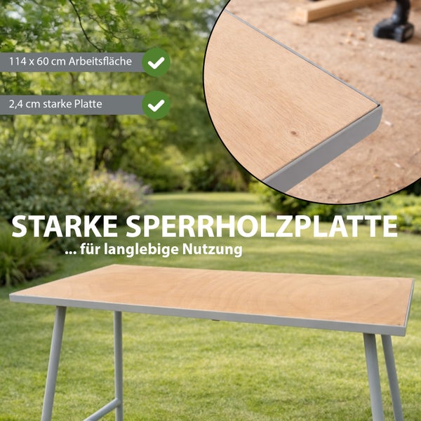 Werkbank mit einer 114 mal 60 Zentimeter großen Arbeitsfläche aus einer 2,4 Zentimeter starken Sperrholzplatte für eine langlebige Nutzung.