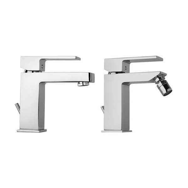 Set aus Waschtischarmatur und Bidetarmatur mit Einhebelmischer, modernes eckiges Design, Metall verchromt.