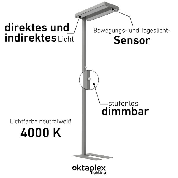 Büro Stehlampe LYSE dimmbar neutralweiß 4000K Aluminium 10400lm Tageslicht Deckenfluter 80W optimale Arbeitsplatzbeleuchtung