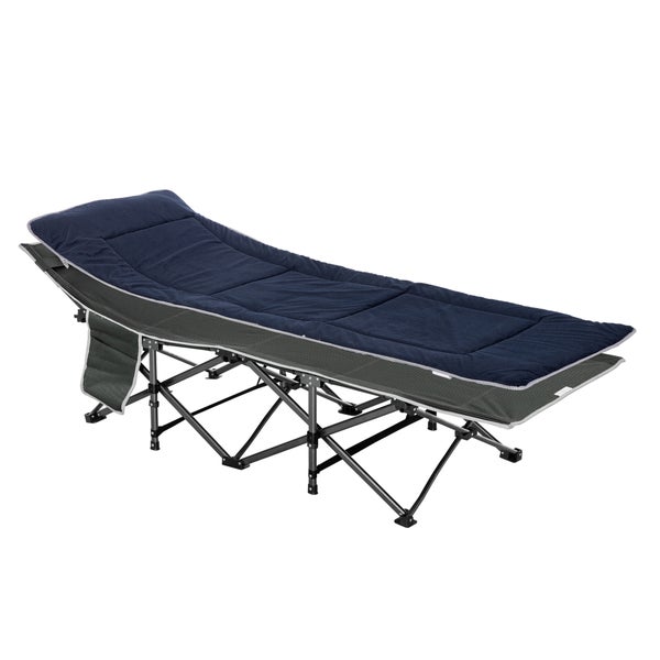 Outsunny Campingbett klappbar Feldbett Klappbett mit Kopfkissen Seitentasche Matratze Gästebett bis 150 kg belastbar Reisen Outdoor Oxford Dunkelblau+Grau 188 x 64,5 x 53 cm