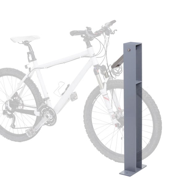 Grauer Fahrradständer aus Metall zur Bodenmontage.