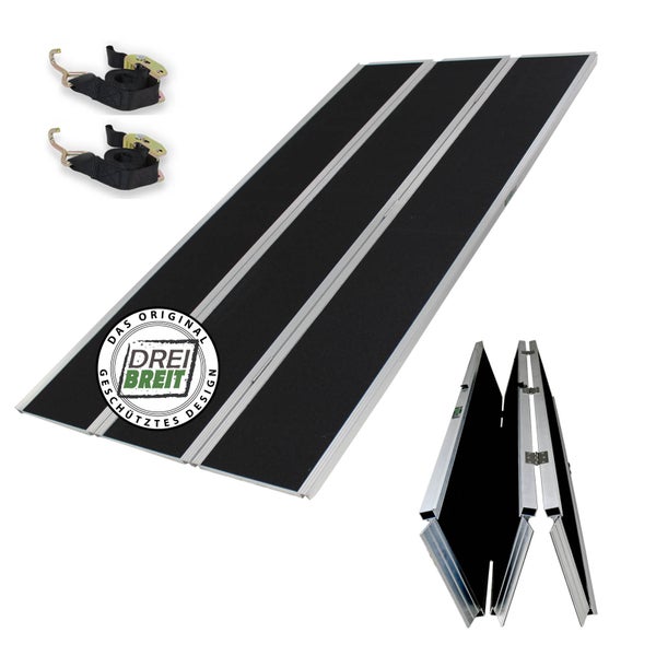 Dreifach faltbare Auffahrrampe aus Aluminium mit Spanngurten