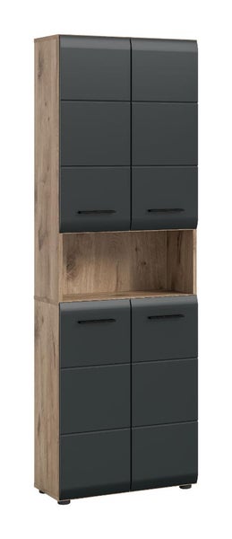 Highboard mit Holzkorpus, anthrazitfarbenen Fronten, vier Türen und einem offenen Fach.