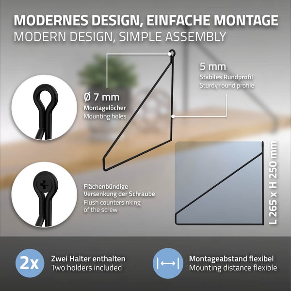 ML-Design 4 Stück Regalhalterung 250mm Schwarz, Metall, Dreieckige Regalhalterungen, Schwebe Regalwinkel, Draht Wandhalterung, Regalträger für Wandmontage, Wandregal Wandkonsole Hängeregal Regalstütze