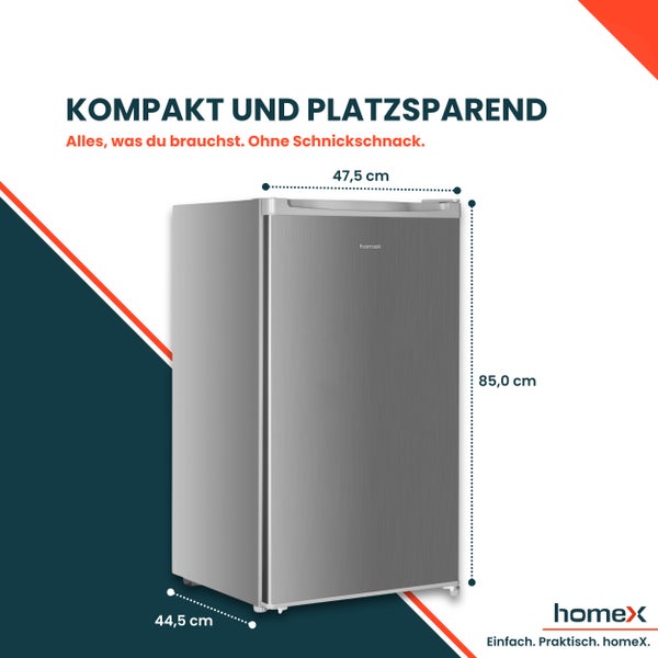 Kompakter HomeX Kühlschrank mit den Maßen 47,5 cm Breite, 85,0 cm Höhe und 44,5 cm Tiefe.