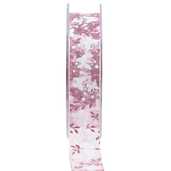 Dekoratives Geschenkband mit Blumen- und Schmetterlingsmuster auf Rolle