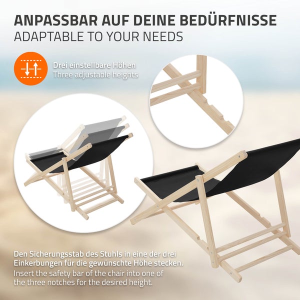 Holz-Liegestuhl mit schwarzem Stoff und drei einstellbaren Höhenstufen durch Einkerbungen im Rahmen.