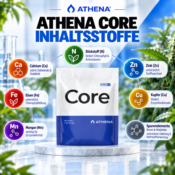 Infografik der Athena Core Pflanzennährstoffe mit Inhaltsstoffübersicht und Produktverpackung.