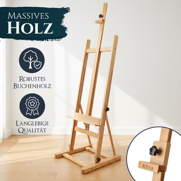 Eine Staffelei aus massivem Buchenholz von Artina für Künstler mit verstellbaren Elementen und robuster Bauweise.