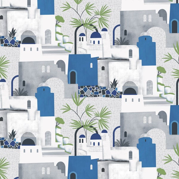 Tapete mit griechischem Stadtmotiv und Mosaikhintergrund