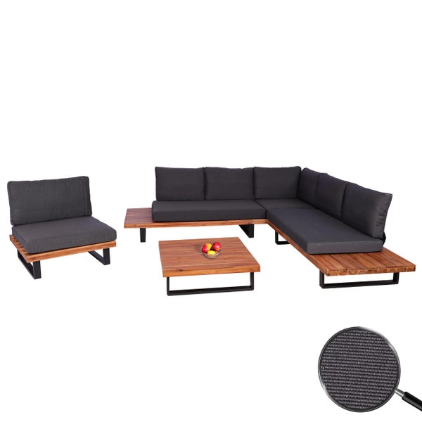 Garten-Lounge-Set bestehend aus Ecksofa, Sessel und Tisch aus Holz und Metall inklusive Polstern, Detailansicht der Stoffstruktur.