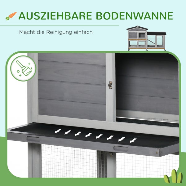 PawHut Kleintierstall mit Rollen Zwergkaninchenstall Freilaufgehege Asphaltdach Kleintierhaus Zwergkaninchenauslauf Doppelstöckiger Tannenholz Stahl Grau 157,4 x 53 x 99,5 cm