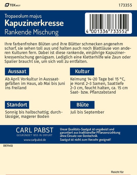 Rückseite der Saatgutpackung für Kapuzinerkresse Rankende Mischung mit Hinweisen zu Aussaat, Kultur, Standort und Blütezeit. Carl Pabst Logo.