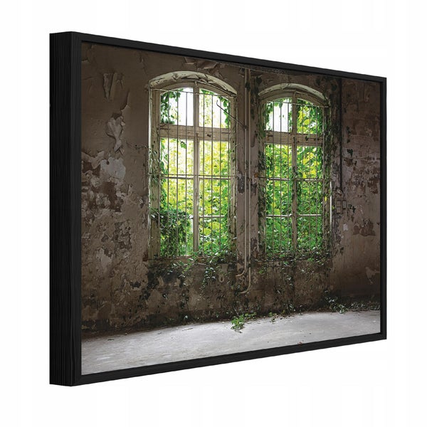 Wandbild mit Motiv von verfallenen Fenstern mit Ranken und Gitter in einem schwarzen Rahmen.