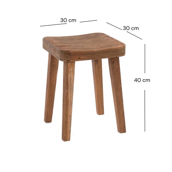 Hocker aus Holz, 30 cm breit, 30 cm tief und 40 cm hoch.