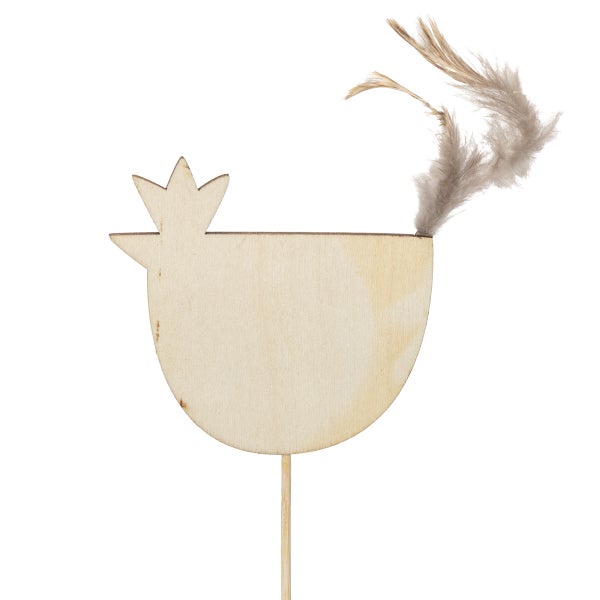 Dekofigur Huhn aus Holz mit Feder auf Stab