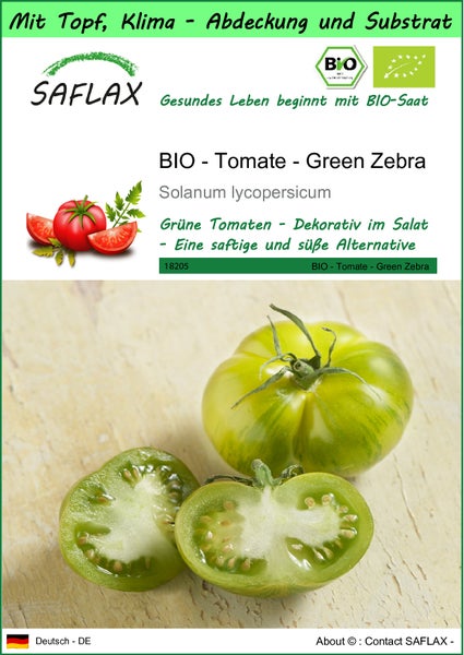 SAFLAX Garden to go - BIO - Tomate - Green Zebra - Solanum lycopersicum - 10 Samen - Mit Topf, Klima - Deckel und Anzuchtsubstrat