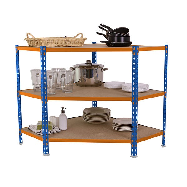 Eckregal SMALL MULI | HxBxT 90x90x50cm | 3 Fachböden | Fachlast 200kg | Blau-Orange | Lagerregal Kellerregal Werkstattregal Metallregal Fachbodenregal Steckregal