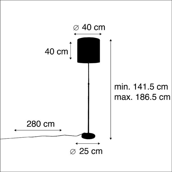 Technische Zeichnung einer Stehlampe mit den Maßen 40 cm Lampenschirmdurchmesser, 40 cm Lampenschirmhöhe, 25 cm Fußdurchmesser, 141,5 cm bis 186,5 cm Höhe und 280 cm Kabellänge.
