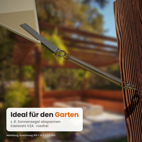 Spannfeder aus rostfreiem Edelstahl V2A zur Befestigung von Sonnensegeln an einem Holzpfosten für den Gartenbereich
