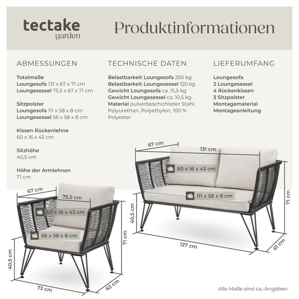 Garten-Loungeset tectake Sundo höhenverstellbare Füße Polyrattan im Rope-Design anthrazit