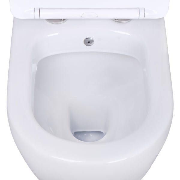 Draufsicht auf ein spülrandloses WC-Becken aus weißer Keramik.