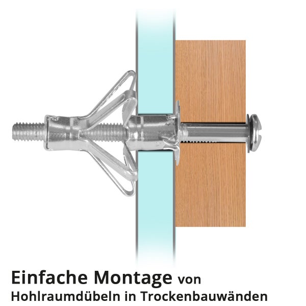 Montage eines Metall-Hohlraumdübels in einer Trockenbauwand zur Befestigung eines Holzbauteils.