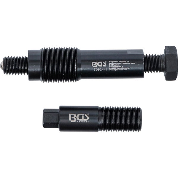 BGS technic Spezialwerkzeug-Komponenten, bestehend aus einer Abziehspindel und einem Gewindeadapter aus dunklem Metall. BGS technic Logo.