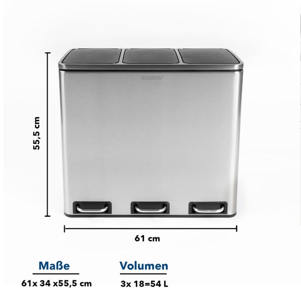 FLOORDIREKT Mülleimer Felix - aus Edelstahl - Trennsystem - mit Schließdämpfer - 3 x 18 Liter - Edelstahl