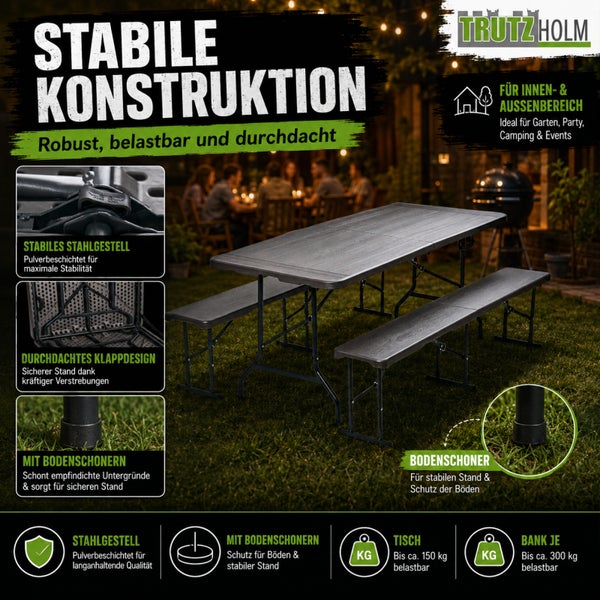 Trutzholm Bierzeltgarnitur Klapptisch und Bänke mit pulverbeschichtetem Stahlgestell für Garten, Party und Camping.