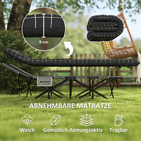 Outsunny Campingbett klappbar Klappbett Feldbett mit Seitentasche Matratze Rutschfest Gästebett bis 150 kg belastbar Outdoor Oxford Schwarz 190 x 67 x 37 cm