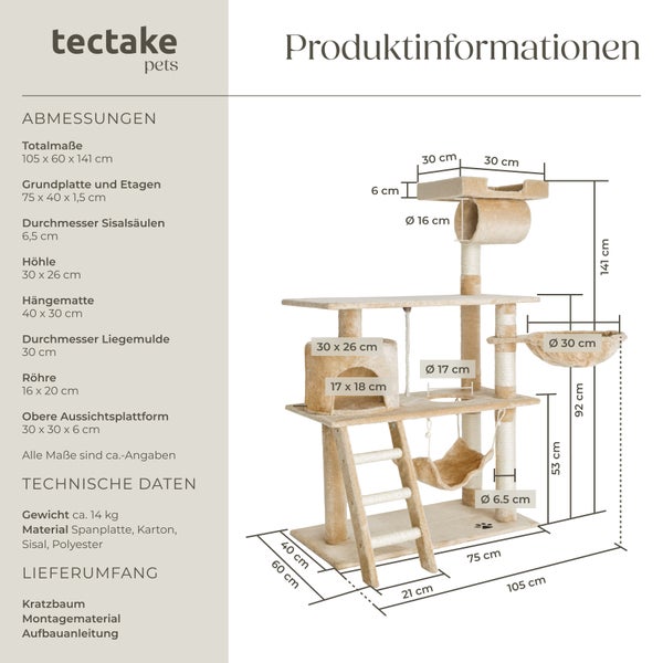 Kratzbaum tectake Marcel inklusive Treppe, Spielkordel und Kippschutz 141 cm beige