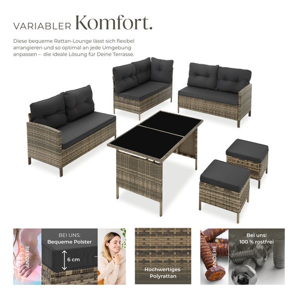 Polyrattan-Garten-Lounge-Set mit Sofas, Hockern und Tisch. Enthält 6 Zentimeter dicke Polster und rostfreie Schrauben.